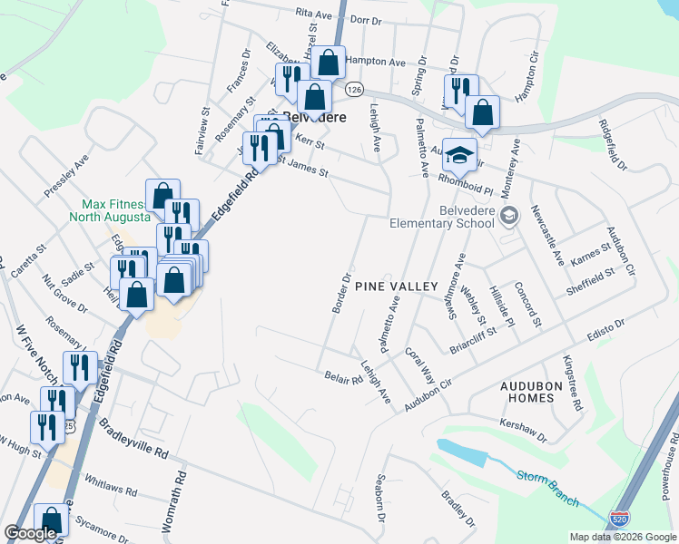 map of restaurants, bars, coffee shops, grocery stores, and more near 223 Border Drive in North Augusta