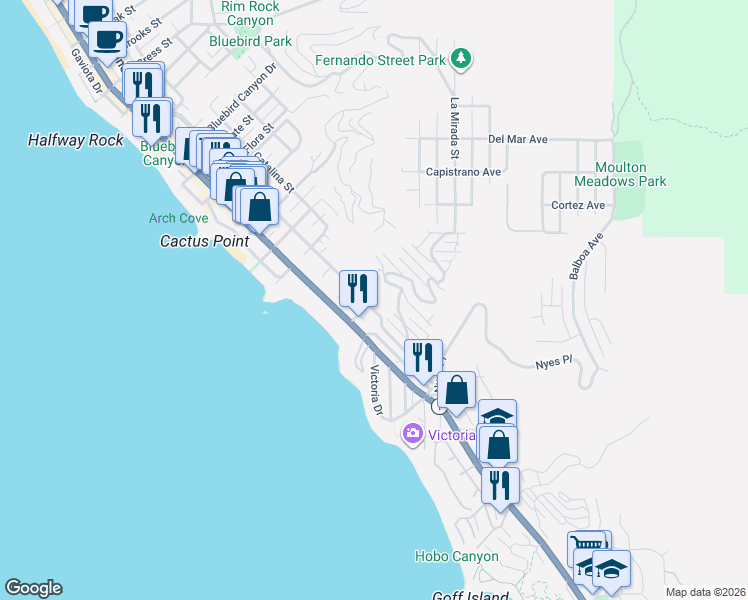 map of restaurants, bars, coffee shops, grocery stores, and more near 2510 Glenneyre Street in Laguna Beach