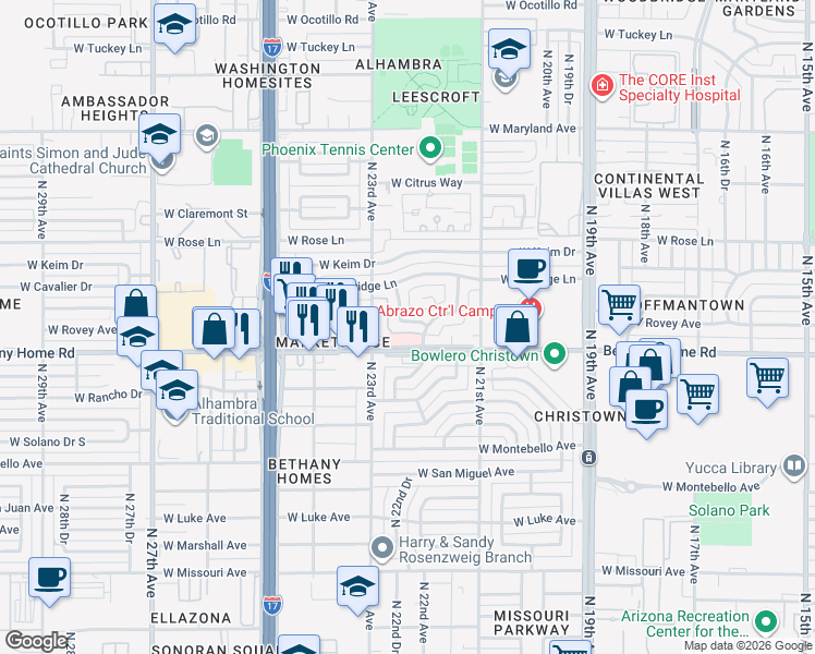 map of restaurants, bars, coffee shops, grocery stores, and more near 2217 West Rovey Avenue in Phoenix