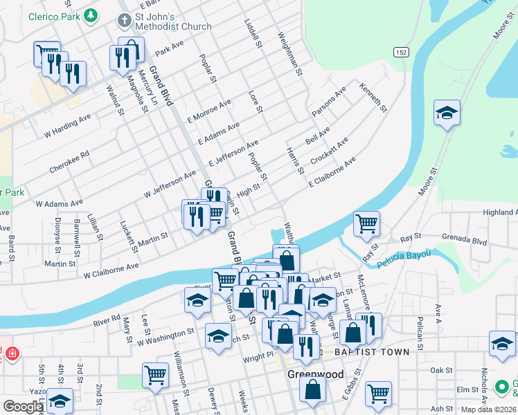 map of restaurants, bars, coffee shops, grocery stores, and more near 301 East Claiborne Avenue in Greenwood