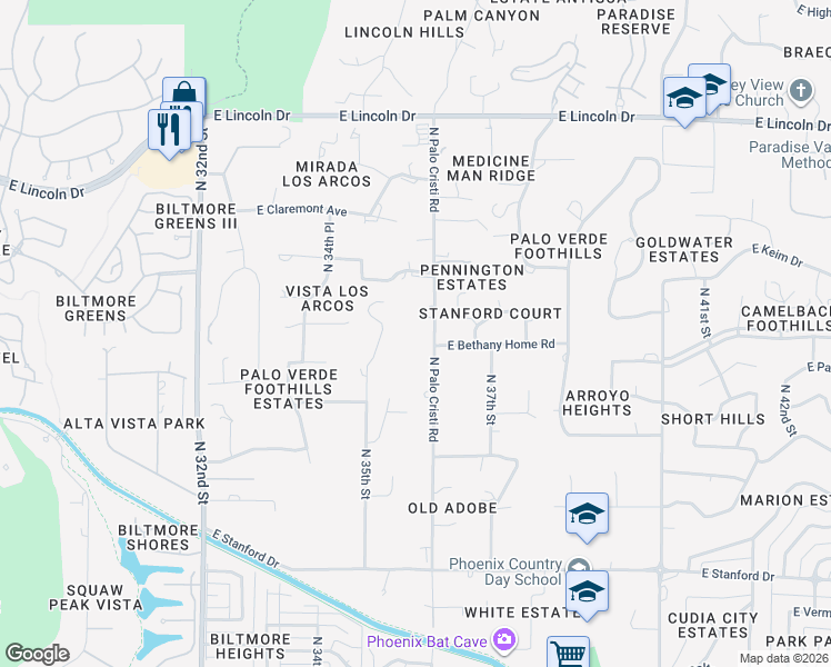 map of restaurants, bars, coffee shops, grocery stores, and more near 6101 North Homestead Lane in Paradise Valley