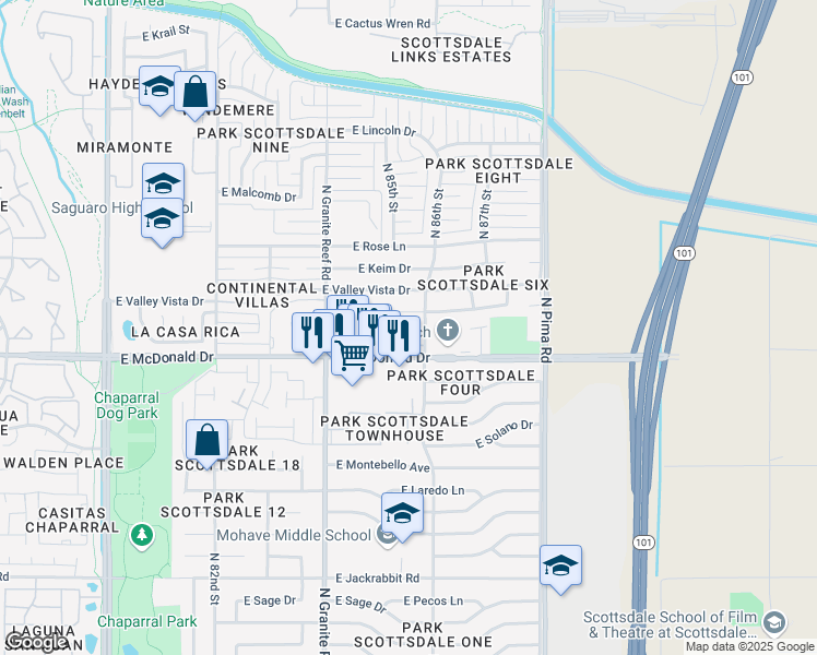 map of restaurants, bars, coffee shops, grocery stores, and more near 8526 E Rovey Ave in Scottsdale