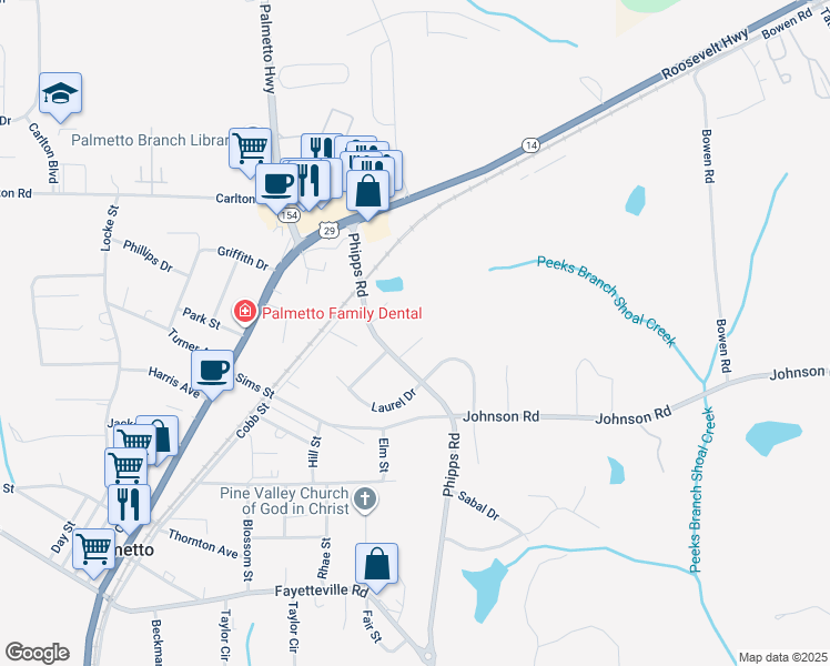 map of restaurants, bars, coffee shops, grocery stores, and more near 165 Pine Terrace in Palmetto