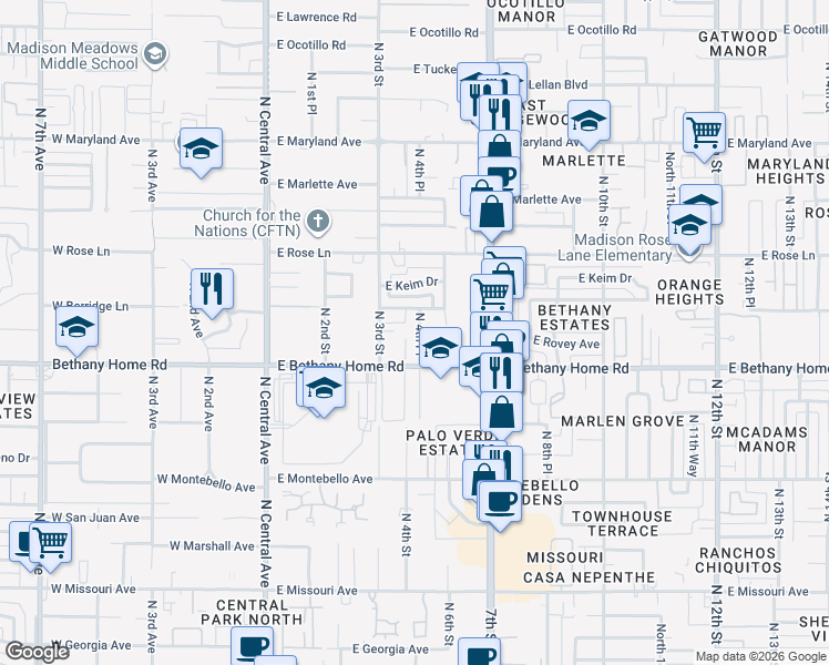 map of restaurants, bars, coffee shops, grocery stores, and more near 6032 North 4th Place in Phoenix