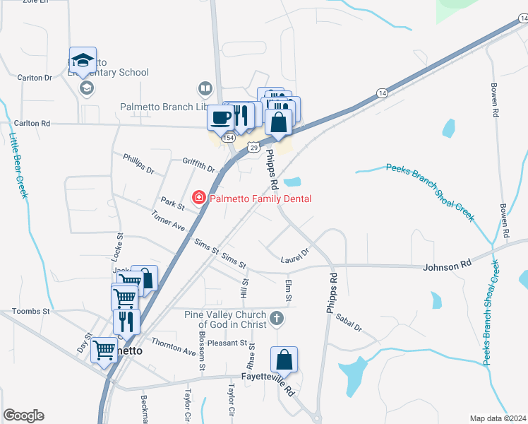 map of restaurants, bars, coffee shops, grocery stores, and more near 204 Morris Street in Palmetto