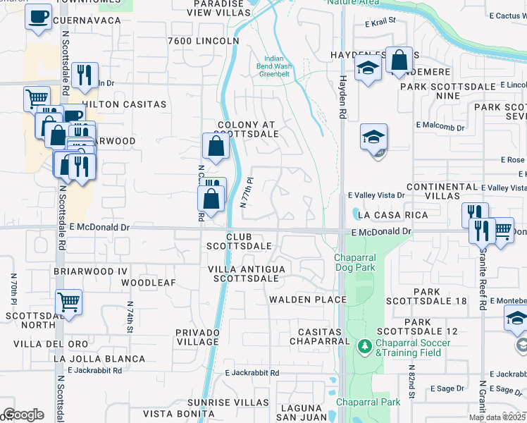map of restaurants, bars, coffee shops, grocery stores, and more near 7758 East Rovey Avenue in Scottsdale
