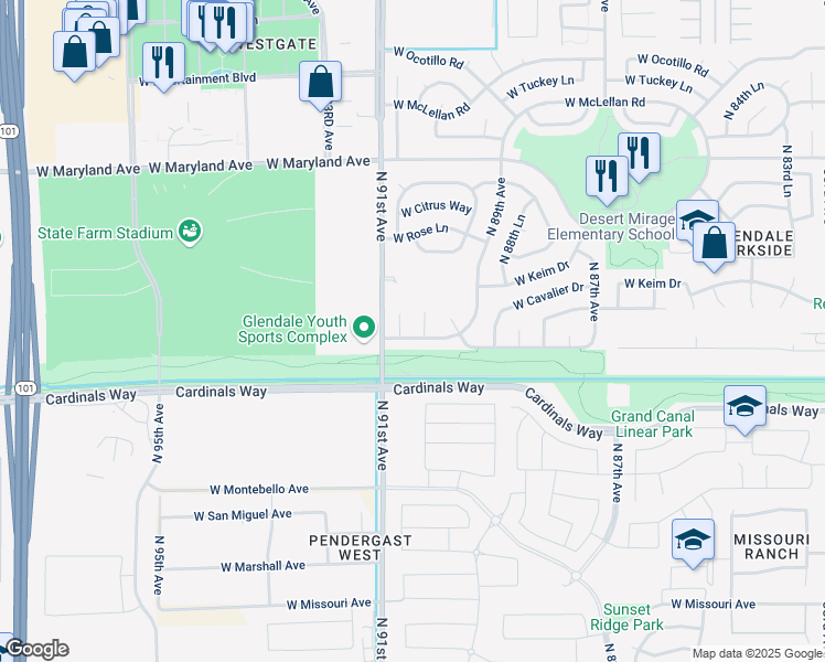 map of restaurants, bars, coffee shops, grocery stores, and more near 9008 West Rovey Avenue in Glendale