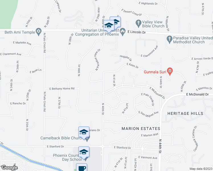 map of restaurants, bars, coffee shops, grocery stores, and more near 6031 North 40th Street in Paradise Valley