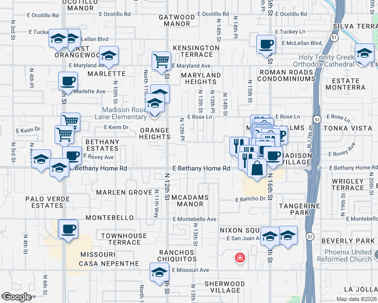 map of restaurants, bars, coffee shops, grocery stores, and more near 19 East Berridge Lane in Phoenix