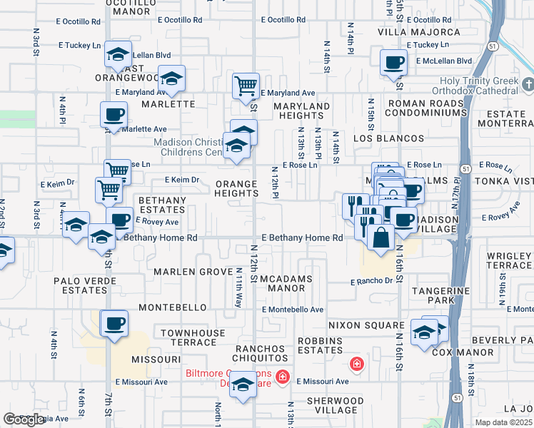 map of restaurants, bars, coffee shops, grocery stores, and more near 1204 East Bethany Home Road in Phoenix