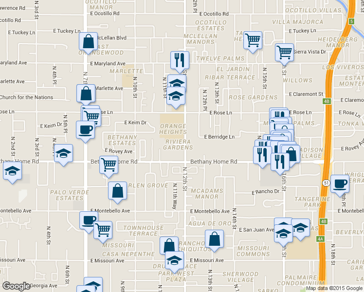 map of restaurants, bars, coffee shops, grocery stores, and more near 1204 East Bethany Home Road in Phoenix