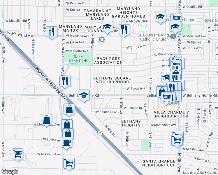 map of restaurants, bars, coffee shops, grocery stores, and more near 4816 West Bethany Home Road in Glendale