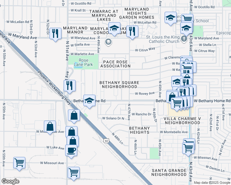 map of restaurants, bars, coffee shops, grocery stores, and more near 4816 West Bethany Home Road in Glendale