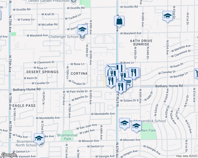map of restaurants, bars, coffee shops, grocery stores, and more near 6816 West Bethany Home Road in Glendale