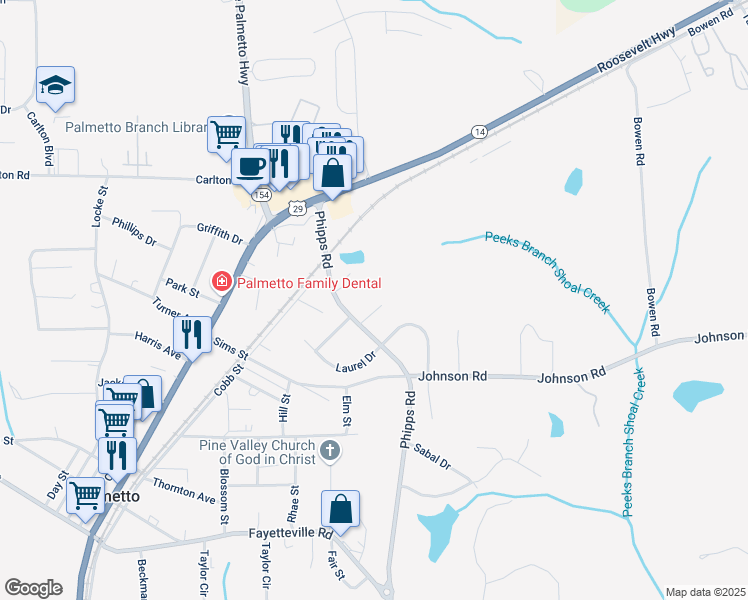 map of restaurants, bars, coffee shops, grocery stores, and more near 165 Pine Terrace in Palmetto