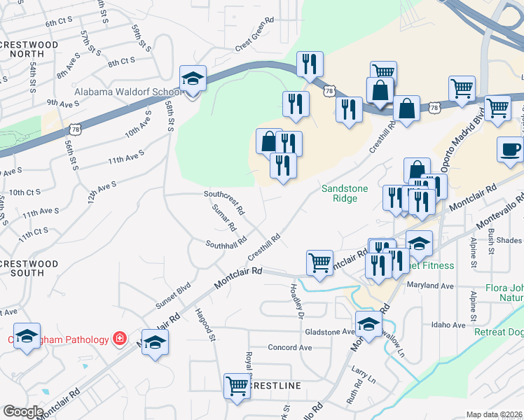 map of restaurants, bars, coffee shops, grocery stores, and more near 1317 Southhall Road in Birmingham