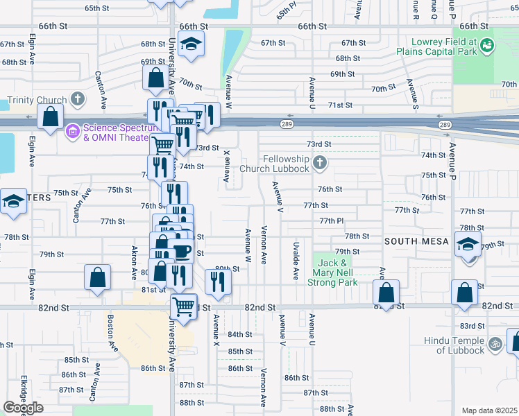 map of restaurants, bars, coffee shops, grocery stores, and more near 7702 Vernon Avenue in Lubbock