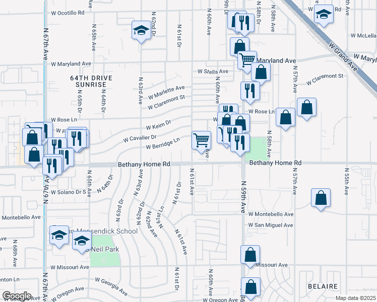 map of restaurants, bars, coffee shops, grocery stores, and more near 6020 North 61st Avenue in Glendale