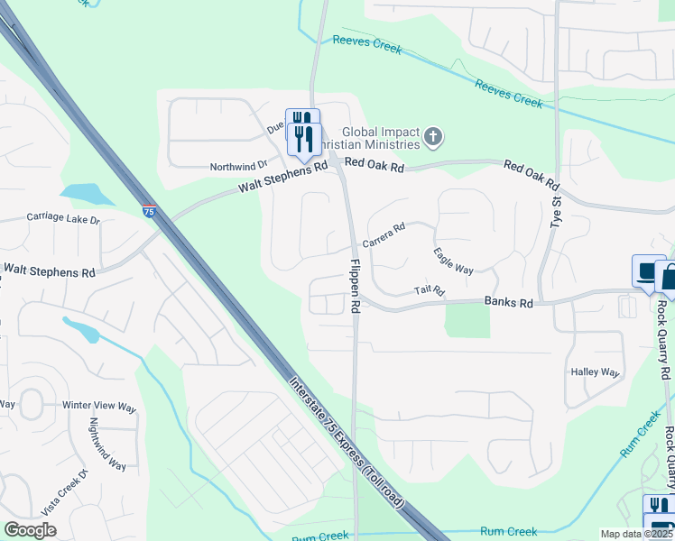 map of restaurants, bars, coffee shops, grocery stores, and more near 525 Village Circle in Stockbridge