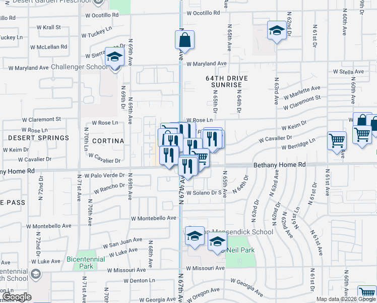map of restaurants, bars, coffee shops, grocery stores, and more near 6025 North 67th Avenue in Glendale
