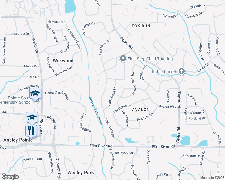 map of restaurants, bars, coffee shops, grocery stores, and more near 8427 Park Ridge Lane in Riverdale