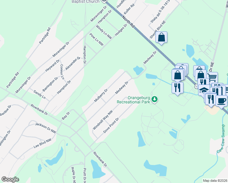 map of restaurants, bars, coffee shops, grocery stores, and more near 571 Medway Drive in Orangeburg