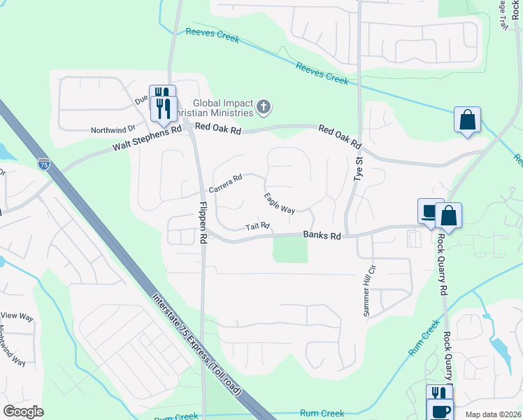 map of restaurants, bars, coffee shops, grocery stores, and more near 304 Nicole Terrace in Stockbridge