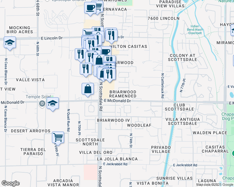 map of restaurants, bars, coffee shops, grocery stores, and more near 7301 East Solcito Lane in Scottsdale