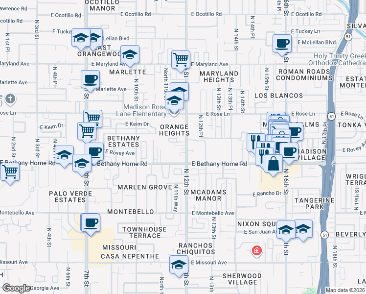map of restaurants, bars, coffee shops, grocery stores, and more near 1204 East Bethany Home Road in Phoenix