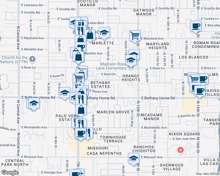 map of restaurants, bars, coffee shops, grocery stores, and more near 6033 North 10th Street in Phoenix