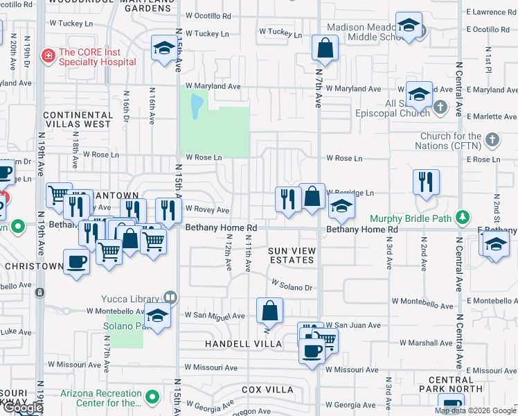 map of restaurants, bars, coffee shops, grocery stores, and more near 6030 North 10th Avenue in Phoenix