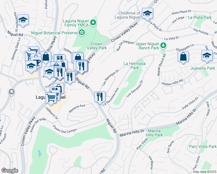 map of restaurants, bars, coffee shops, grocery stores, and more near 24241 Via Aquara Avenue in Laguna Niguel