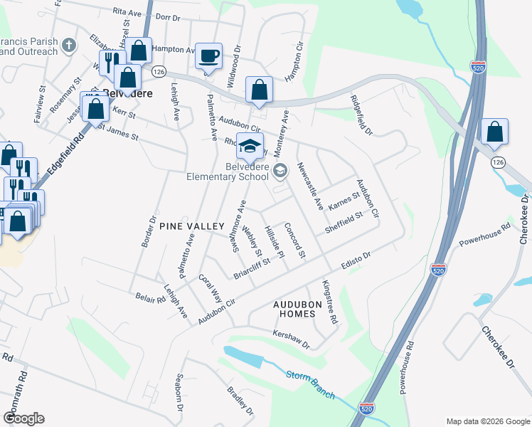 map of restaurants, bars, coffee shops, grocery stores, and more near 101 Hillside Place in North Augusta
