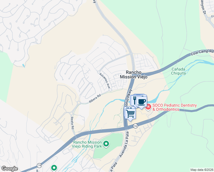 map of restaurants, bars, coffee shops, grocery stores, and more near 16 Ascenso Avenue in San Juan Capistrano