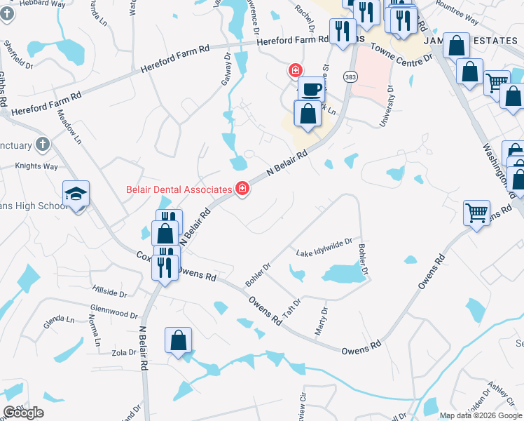 map of restaurants, bars, coffee shops, grocery stores, and more near 4416 Summerlin Drive in Evans