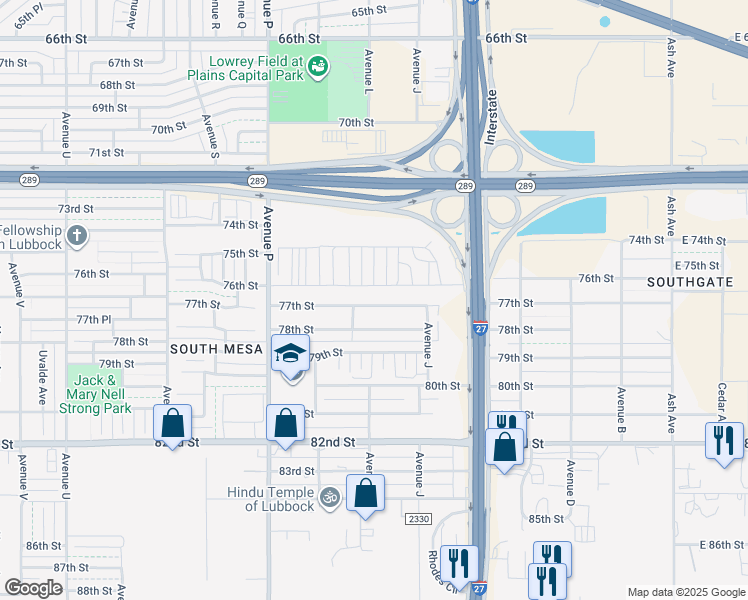 map of restaurants, bars, coffee shops, grocery stores, and more near 1134 77th Street in Lubbock