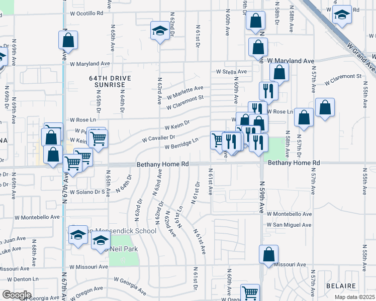 map of restaurants, bars, coffee shops, grocery stores, and more near 6022 North 62nd Avenue in Glendale