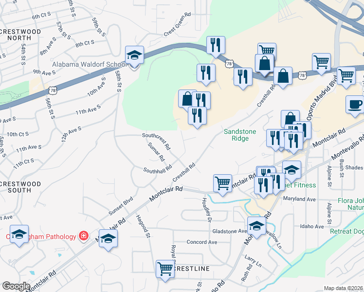 map of restaurants, bars, coffee shops, grocery stores, and more near 1317 Southhall Road in Birmingham