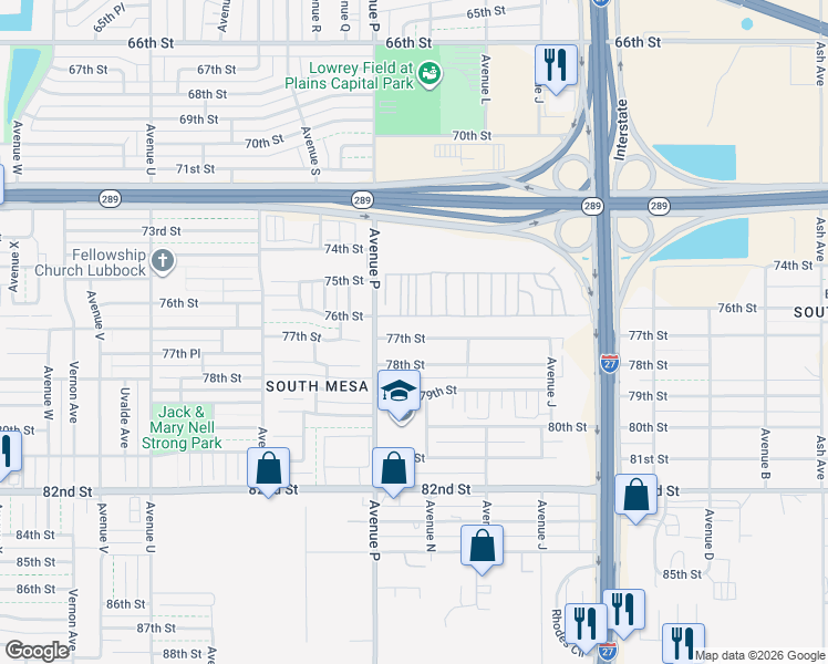 map of restaurants, bars, coffee shops, grocery stores, and more near 1426 77th Street in Lubbock