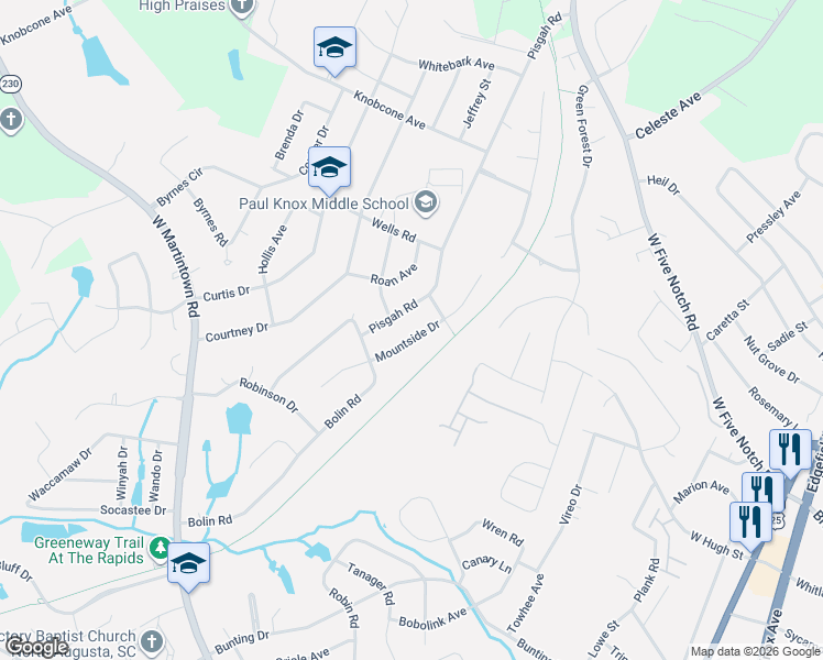 map of restaurants, bars, coffee shops, grocery stores, and more near 1828 Mountside Drive in North Augusta