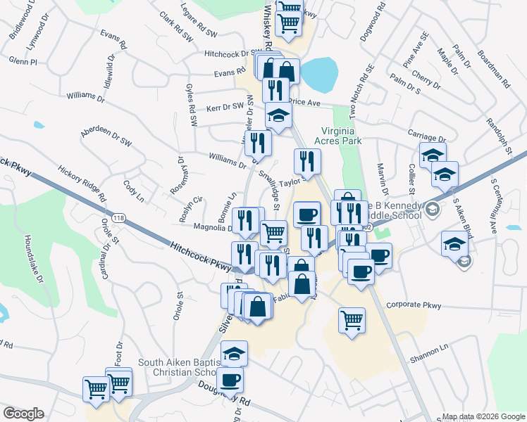 map of restaurants, bars, coffee shops, grocery stores, and more near 127 Taylor Street in Aiken