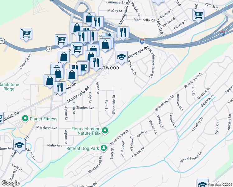 map of restaurants, bars, coffee shops, grocery stores, and more near 129 Woodside Drive in Irondale
