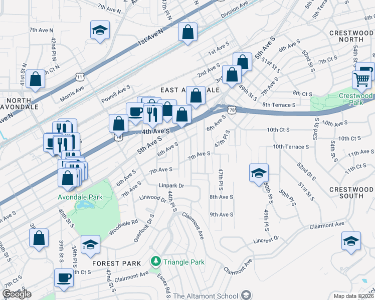 map of restaurants, bars, coffee shops, grocery stores, and more near 622 46th Street South in Birmingham