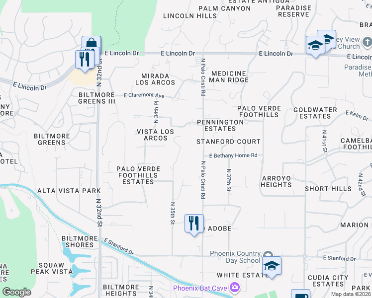 map of restaurants, bars, coffee shops, grocery stores, and more near 6101 North Homestead Lane in Paradise Valley