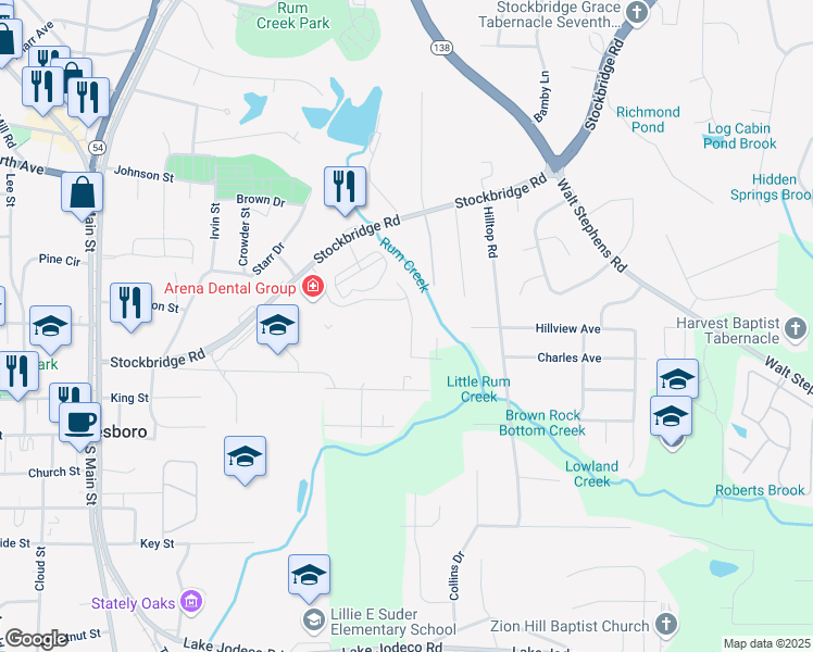 map of restaurants, bars, coffee shops, grocery stores, and more near 8419 Douglass Trail in Jonesboro
