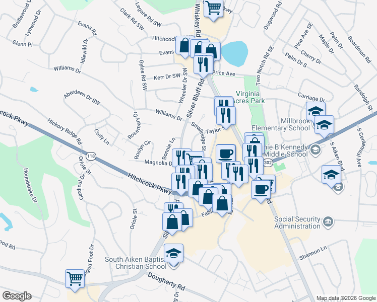 map of restaurants, bars, coffee shops, grocery stores, and more near 219 Silver Bluff Road in Aiken
