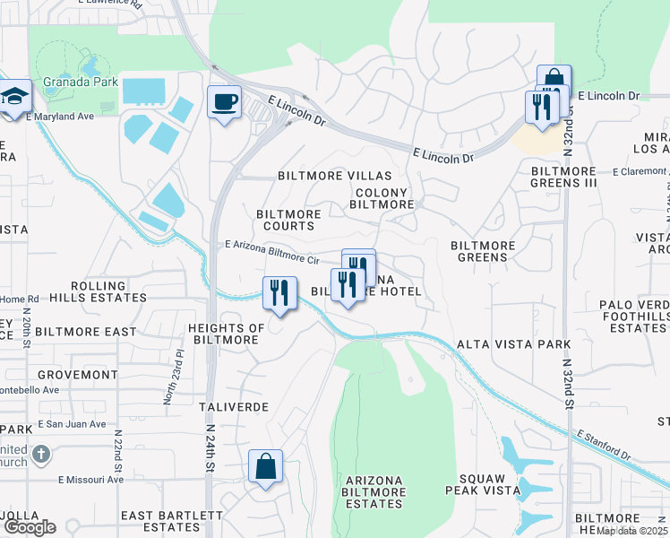map of restaurants, bars, coffee shops, grocery stores, and more near 2701 East Arizona Biltmore Circle in Phoenix