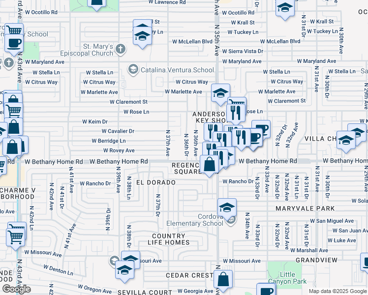 map of restaurants, bars, coffee shops, grocery stores, and more near 6016 North 36th Drive in Phoenix