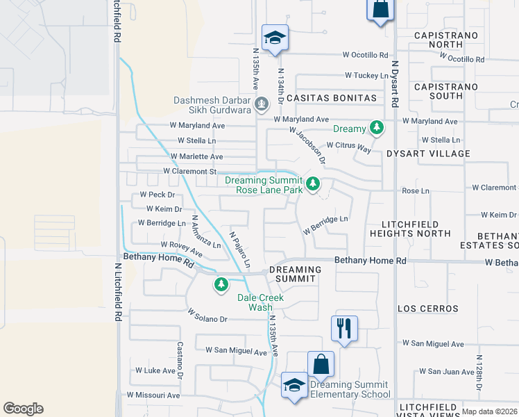 map of restaurants, bars, coffee shops, grocery stores, and more near 13512 West Keim Drive in Litchfield Park