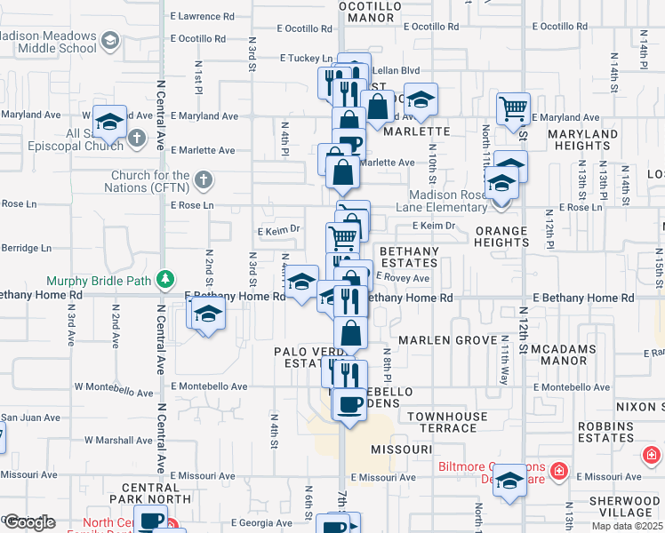 map of restaurants, bars, coffee shops, grocery stores, and more near 6040 North 7th Street in Phoenix